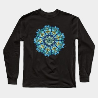 Monochromatic Blue and Green Mandala with Hint of Yellow Graphic Design, Artwork Long Sleeve T-Shirt